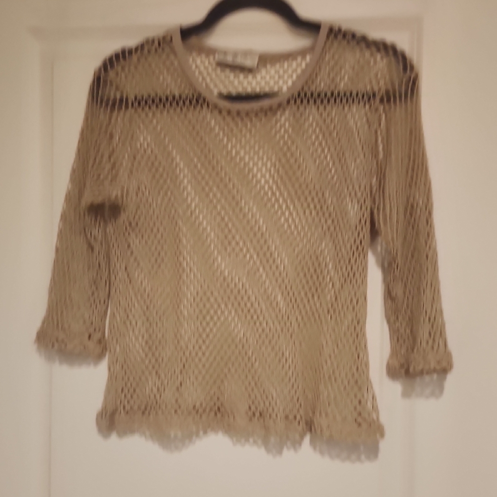 Marla KIM Women's Tan Mesh Top Coverup 3/4 Sleeve Scoop Neckline 80s  Airy